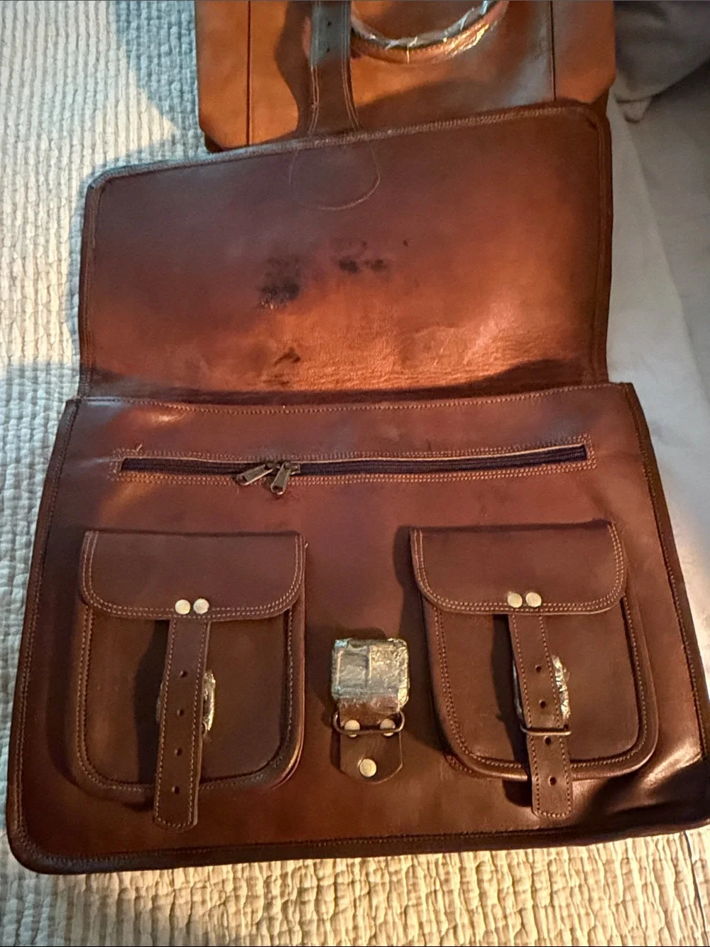 Men's Brown Leather Briefcase with Front Buckle Pockets